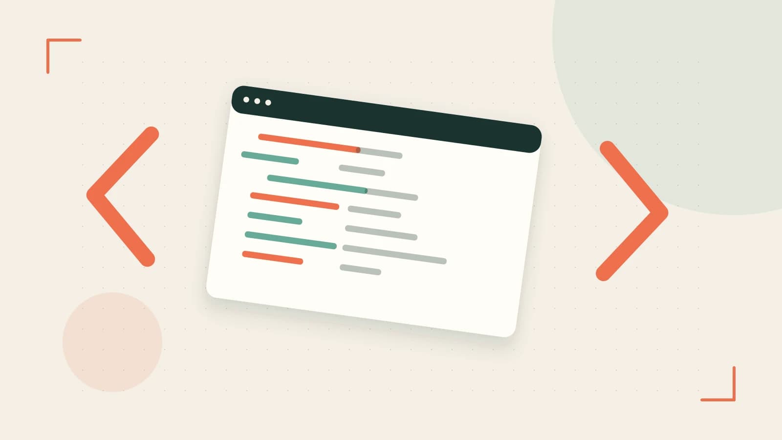 Editorial illustration of an abstract code editor, syntax blocks and oversized programming brackets