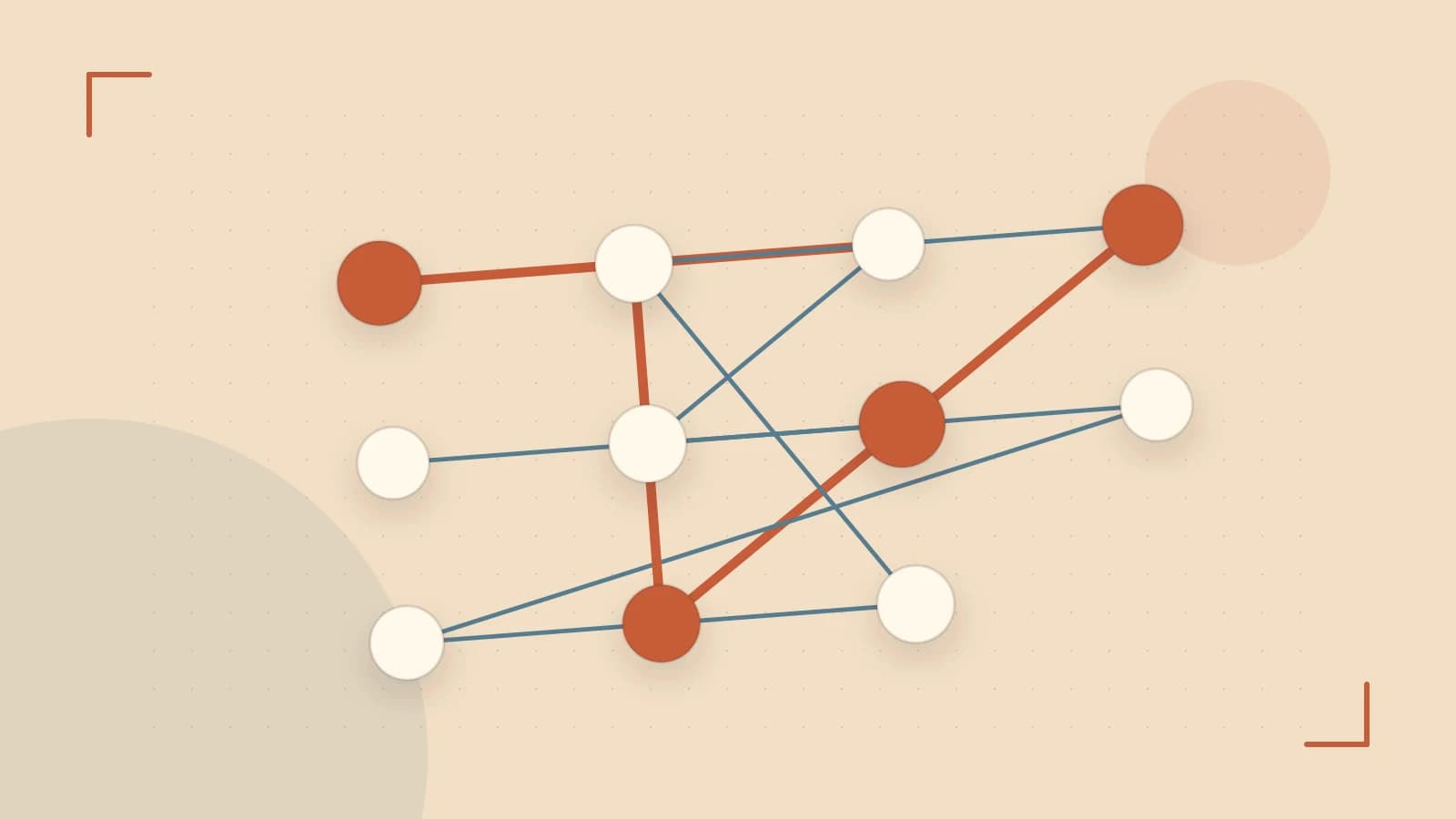 Editorial illustration of an algorithmic node graph with branching paths and a highlighted result