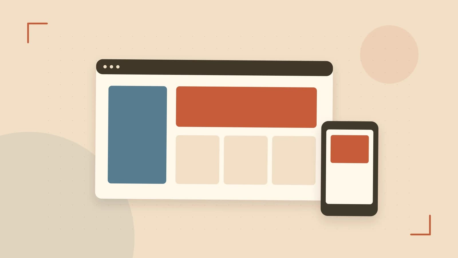 Editorial illustration of responsive browser layouts, overlapping design components and a color system