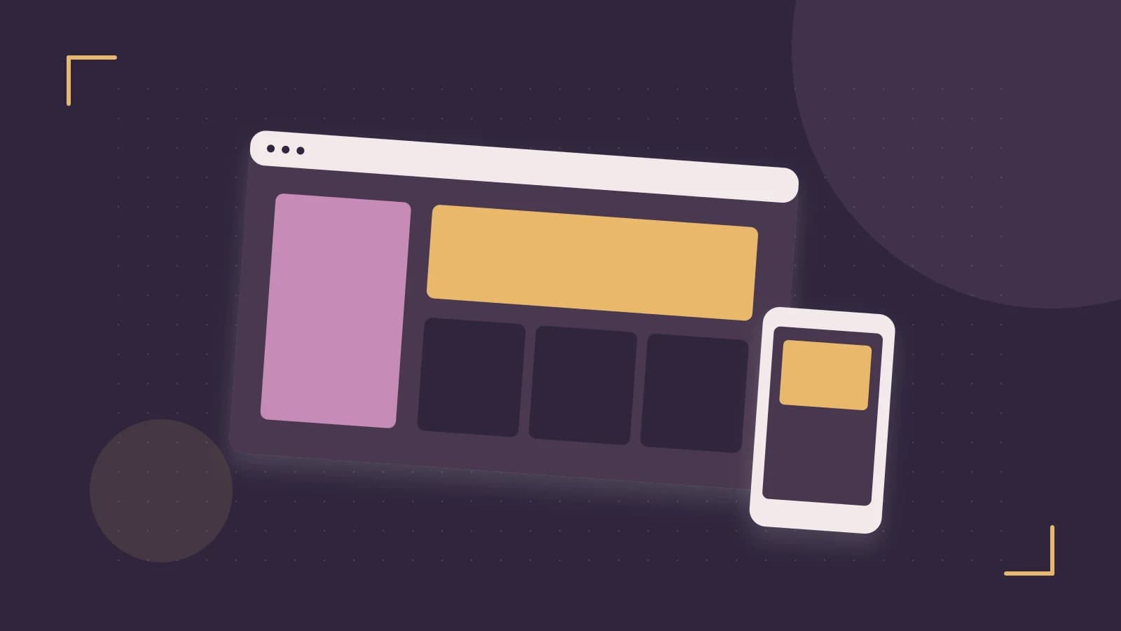 Editorial illustration of responsive browser layouts, overlapping design components and a color system