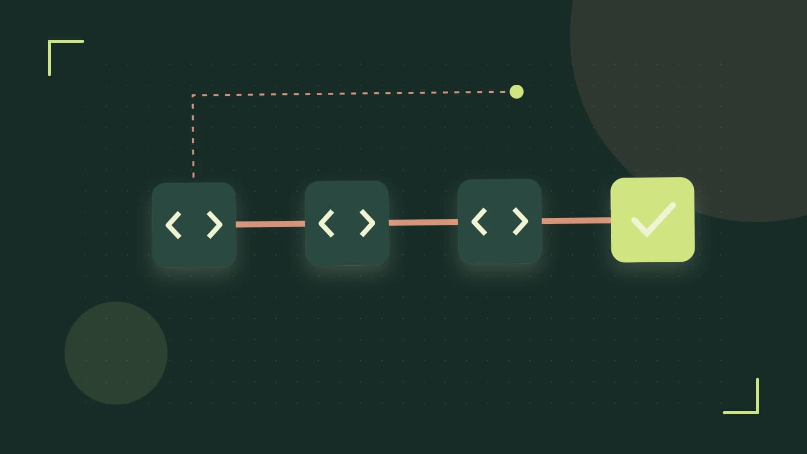 Editorial illustration of a branching build pipeline, staged transformations and a completed check