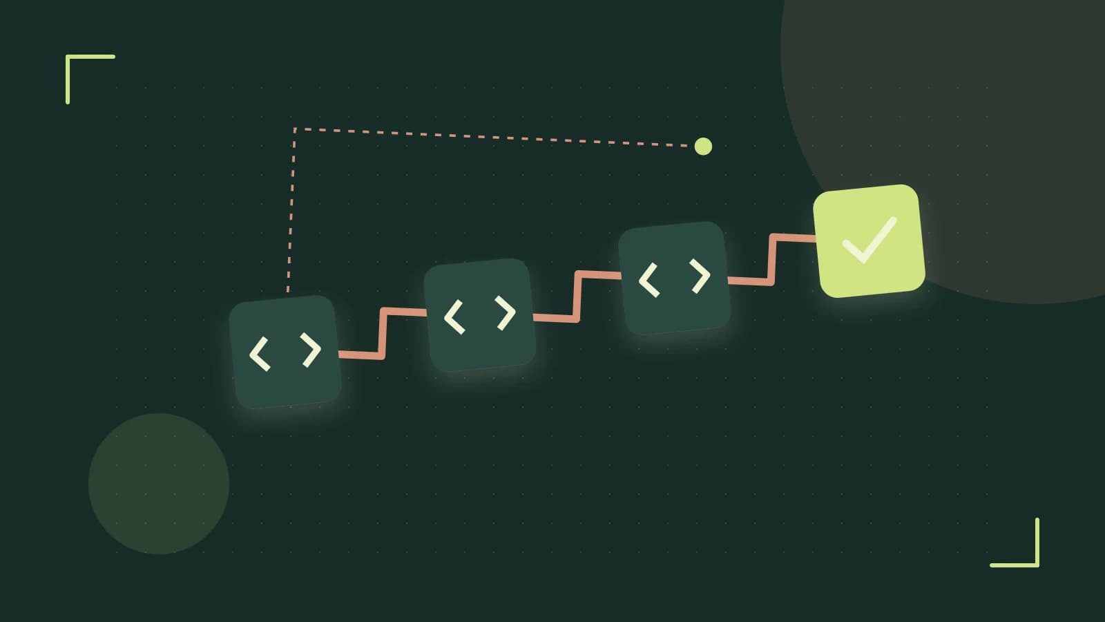 Editorial illustration of a branching build pipeline, staged transformations and a completed check