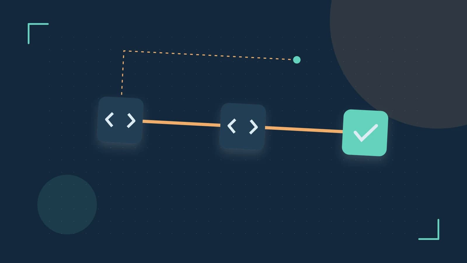 Editorial illustration of a branching build pipeline, staged transformations and a completed check