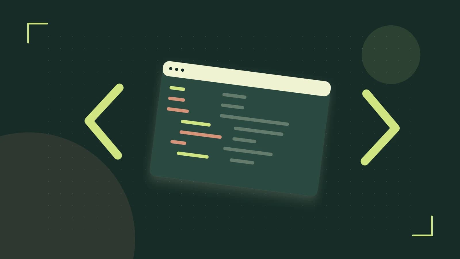 Editorial illustration of an abstract code editor, syntax blocks and oversized programming brackets