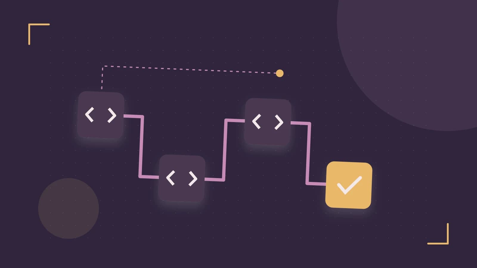 Editorial illustration of a branching build pipeline, staged transformations and a completed check