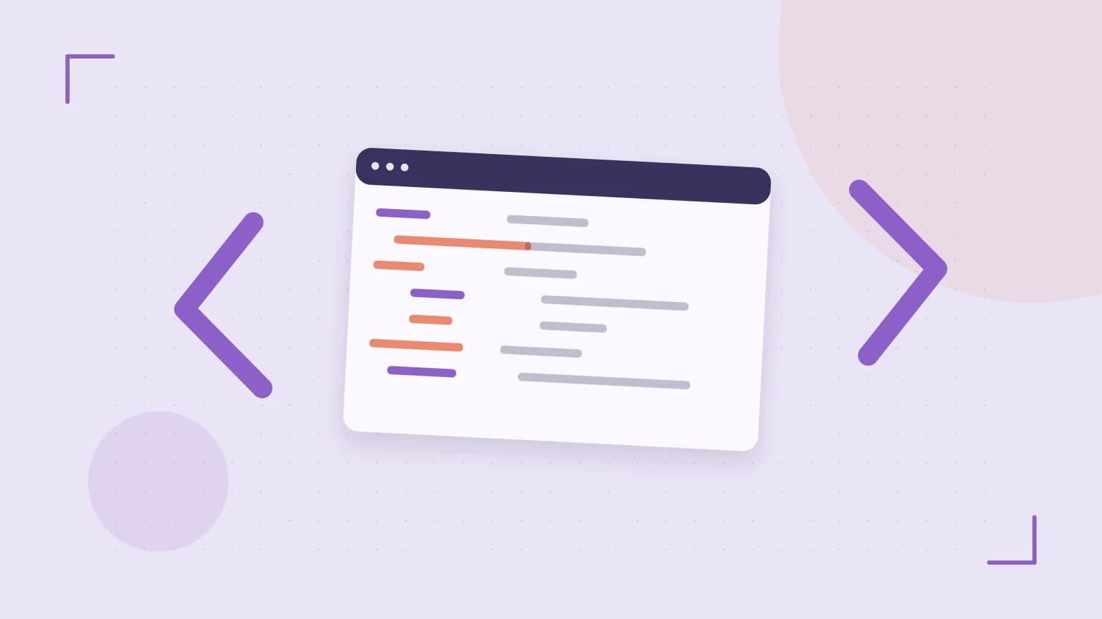 Editorial illustration of an abstract code editor, syntax blocks and oversized programming brackets
