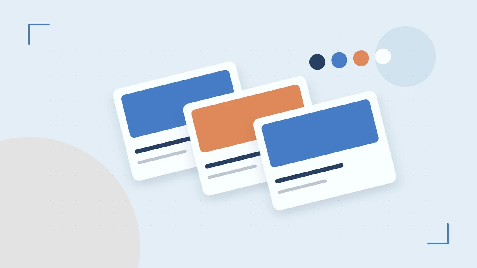 Editorial illustration of responsive browser layouts, overlapping design components and a color system