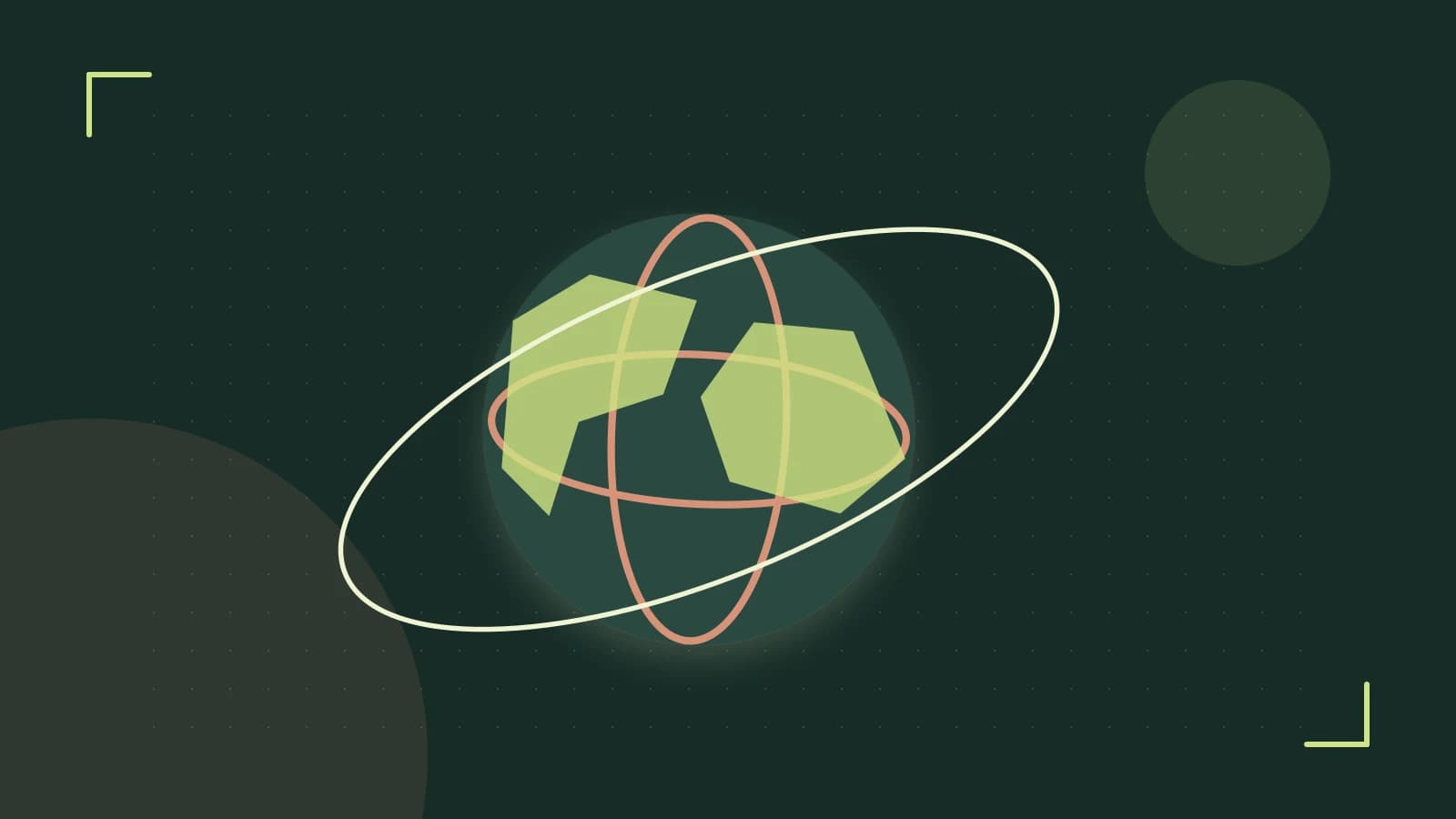 Editorial illustration of an editorial globe with meridians and layered geographic shapes