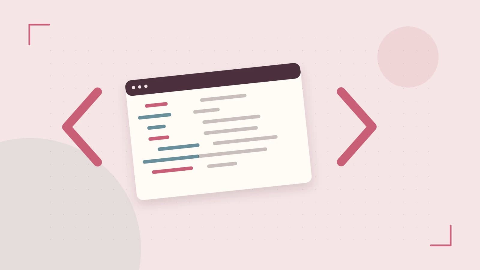Editorial illustration of an abstract code editor, syntax blocks and oversized programming brackets