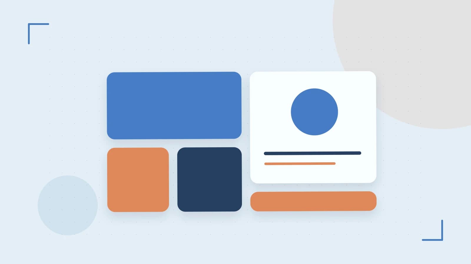 Editorial illustration of responsive browser layouts, overlapping design components and a color system