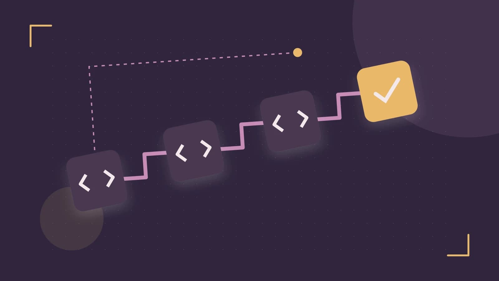 Editorial illustration of a branching build pipeline, staged transformations and a completed check