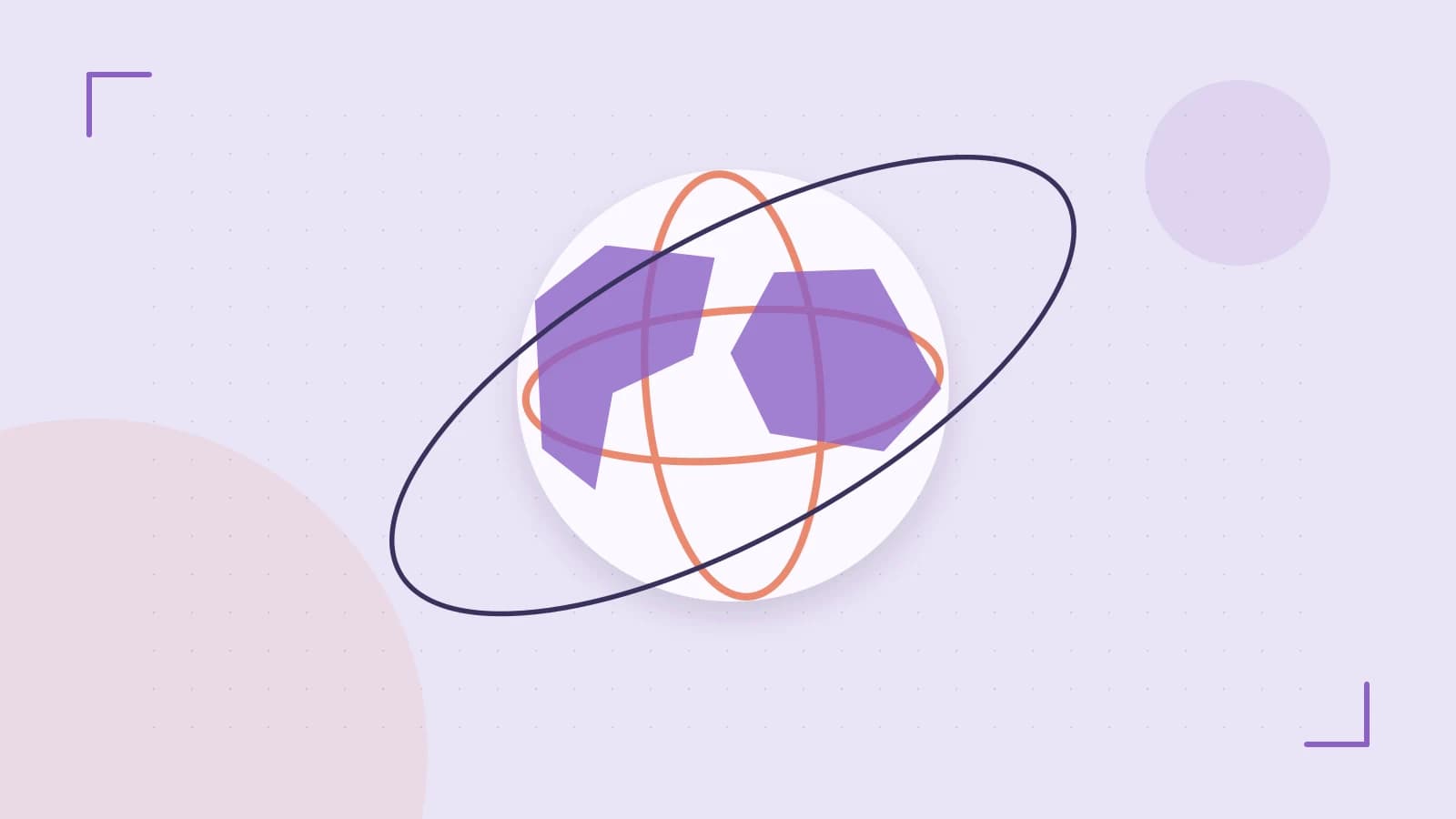 Editorial illustration of an editorial globe with meridians and layered geographic shapes