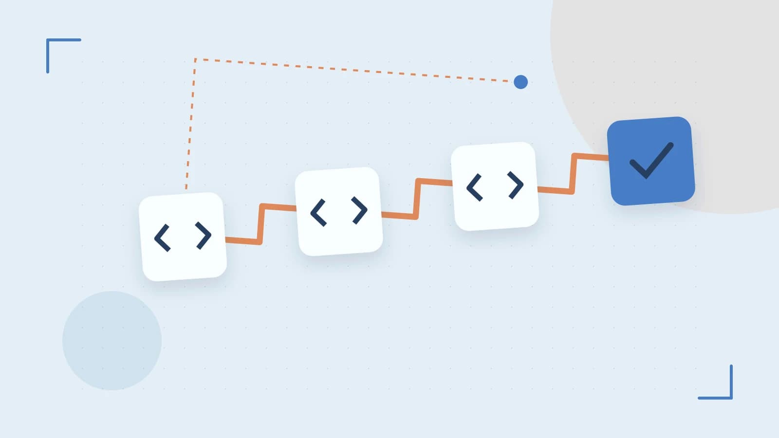 Editorial illustration of a branching build pipeline, staged transformations and a completed check