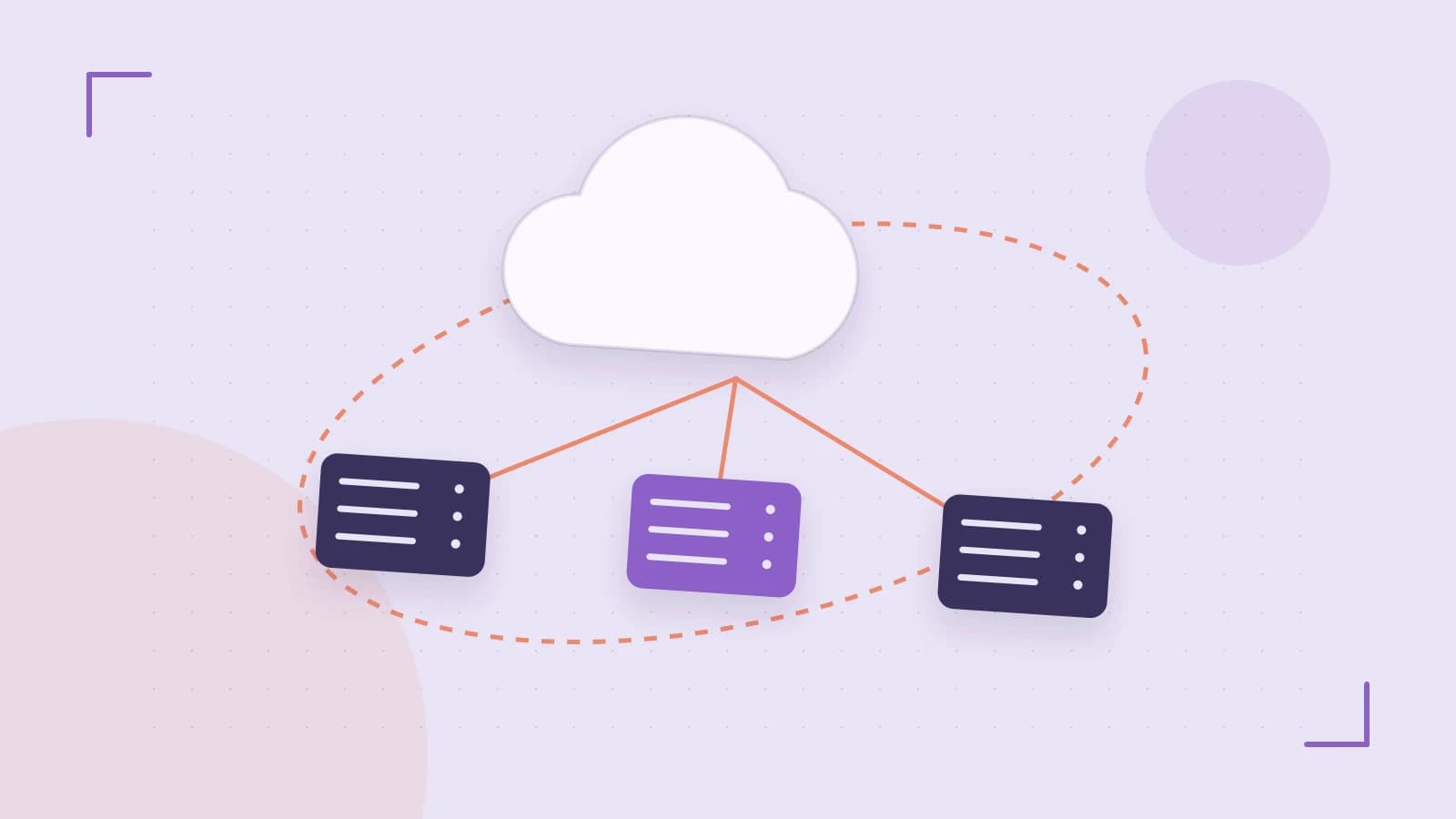 Editorial illustration of cloud infrastructure, connected server racks and an orbital service map