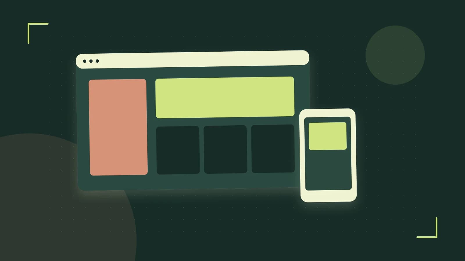 Editorial illustration of responsive browser layouts, overlapping design components and a color system