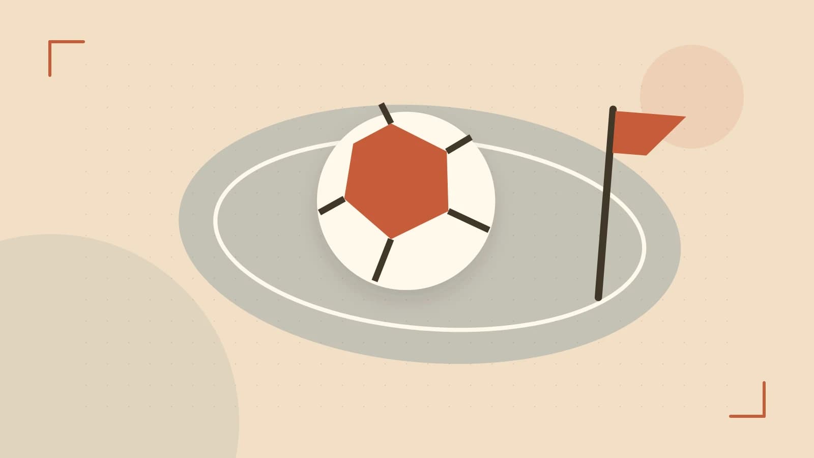 Editorial illustration of a stylized sports ball, stadium geometry and dynamic arcs