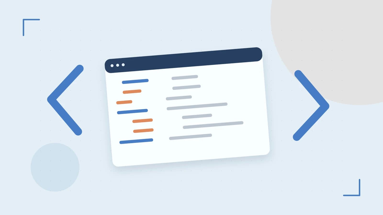 Editorial illustration of an abstract code editor, syntax blocks and oversized programming brackets