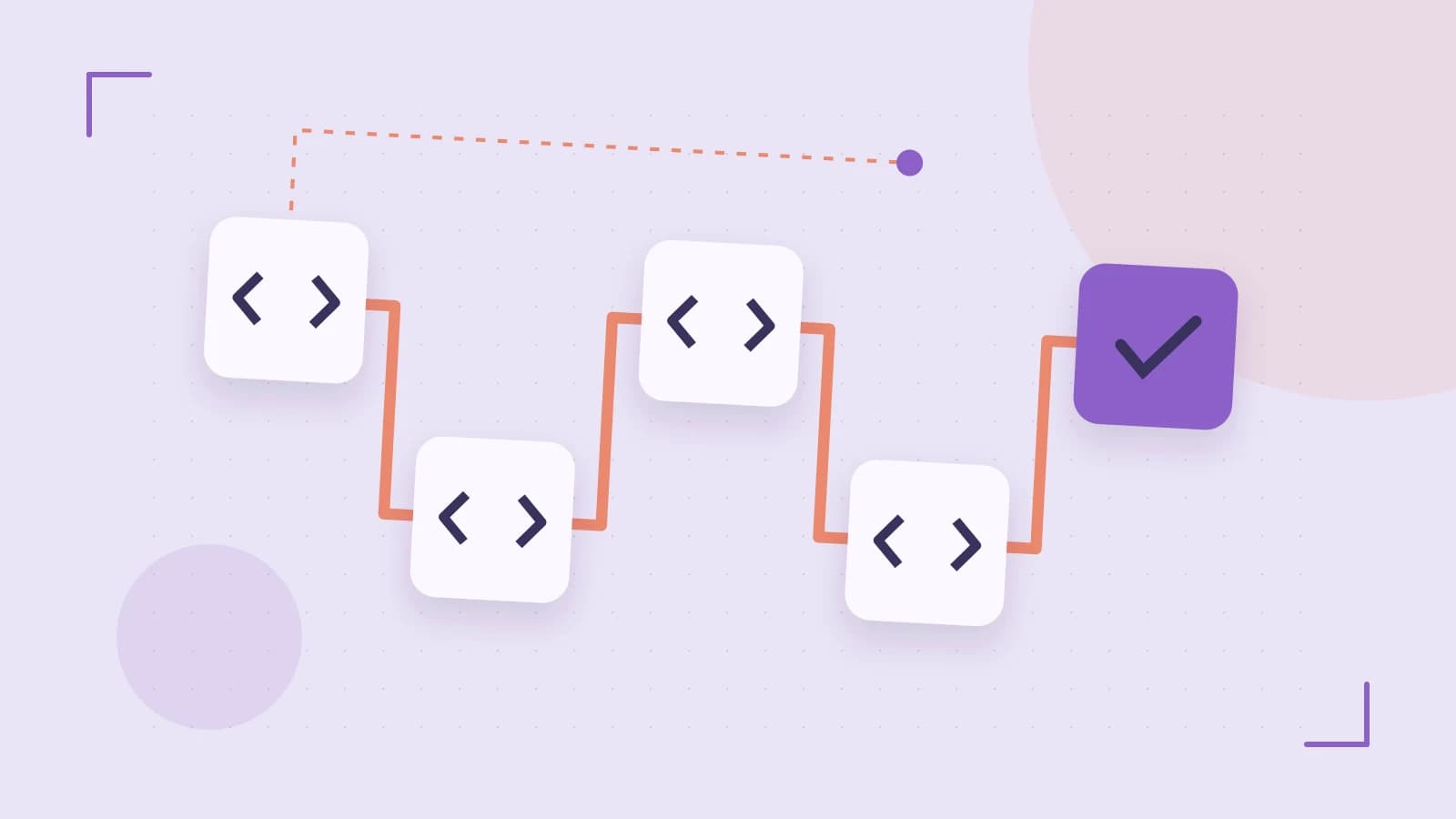 Editorial illustration of a branching build pipeline, staged transformations and a completed check