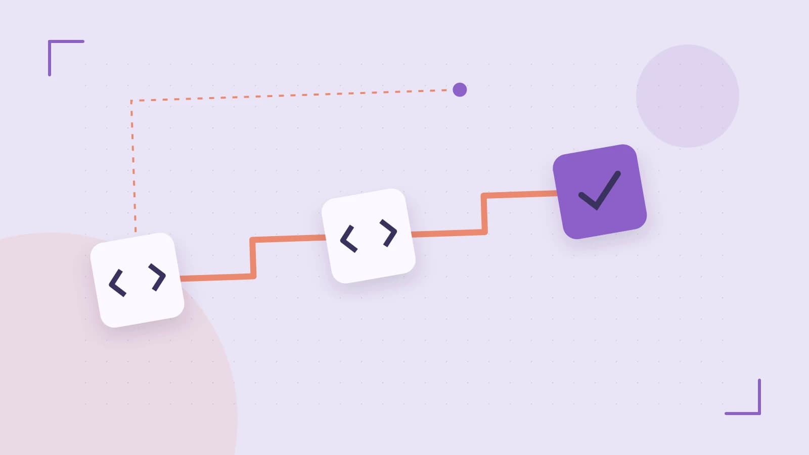 Editorial illustration of a branching build pipeline, staged transformations and a completed check