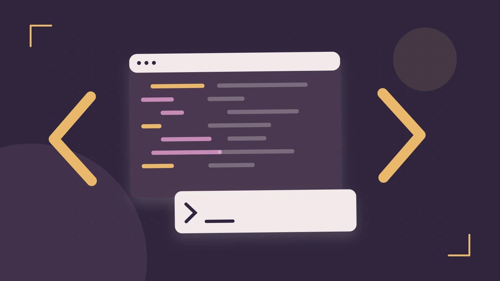 Editorial illustration of an abstract code editor, syntax blocks and oversized programming brackets