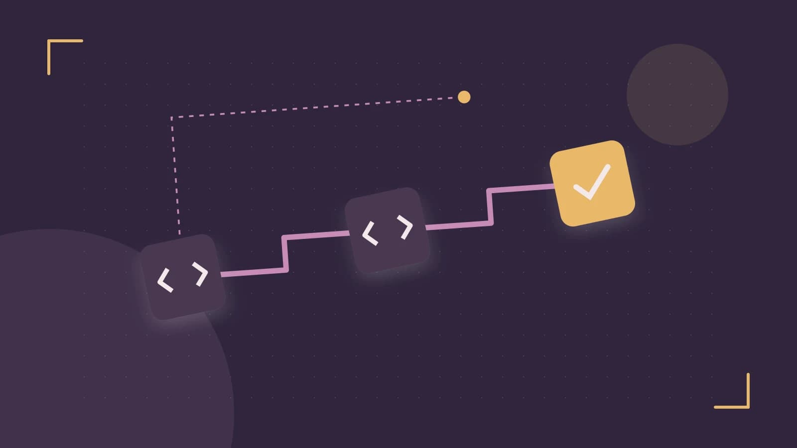 Editorial illustration of a branching build pipeline, staged transformations and a completed check