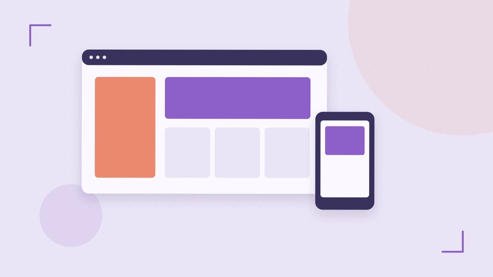 Editorial illustration of responsive browser layouts, overlapping design components and a color system