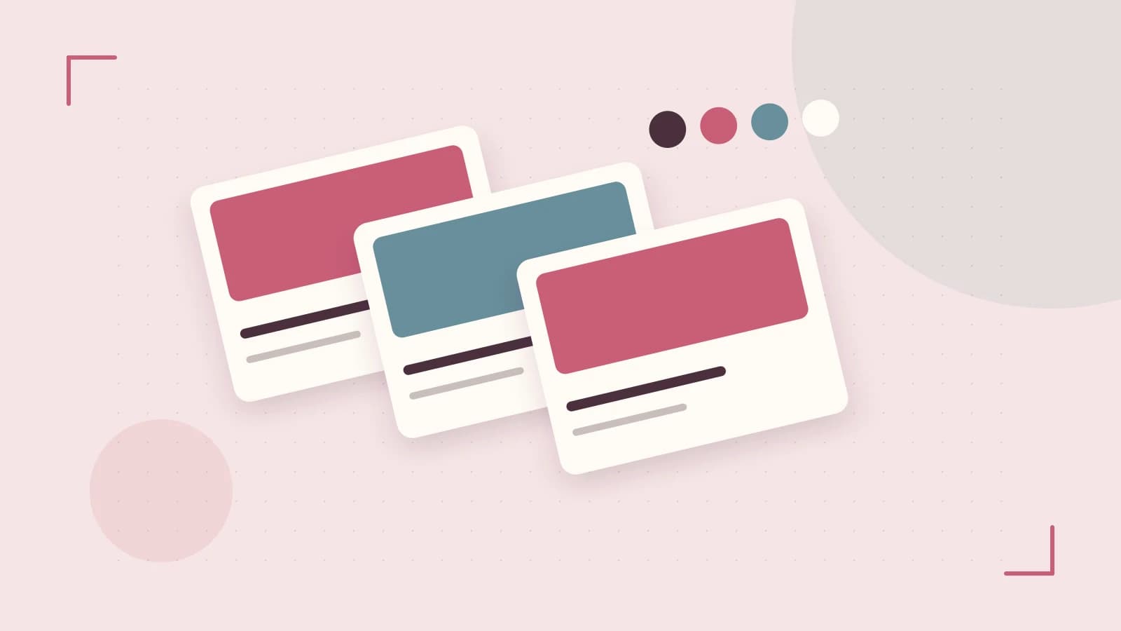 Editorial illustration of responsive browser layouts, overlapping design components and a color system