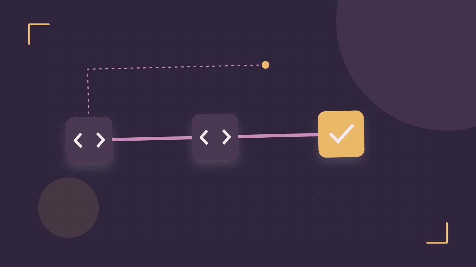Editorial illustration of a branching build pipeline, staged transformations and a completed check
