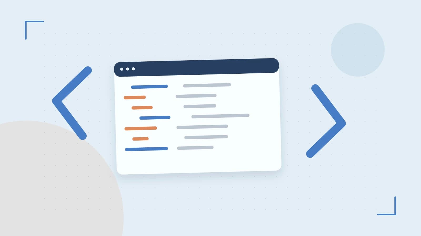 Editorial illustration of an abstract code editor, syntax blocks and oversized programming brackets