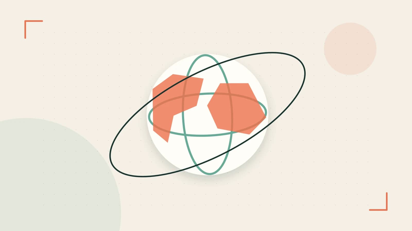Editorial illustration of an editorial globe with meridians and layered geographic shapes