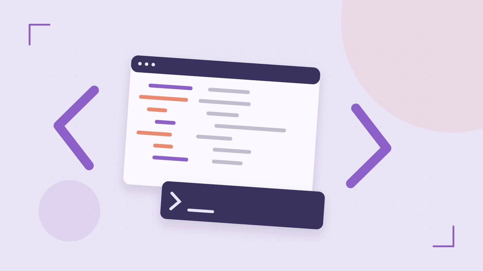 Editorial illustration of an abstract code editor, syntax blocks and oversized programming brackets