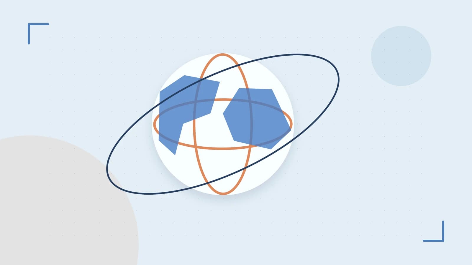 Editorial illustration of an editorial globe with meridians and layered geographic shapes