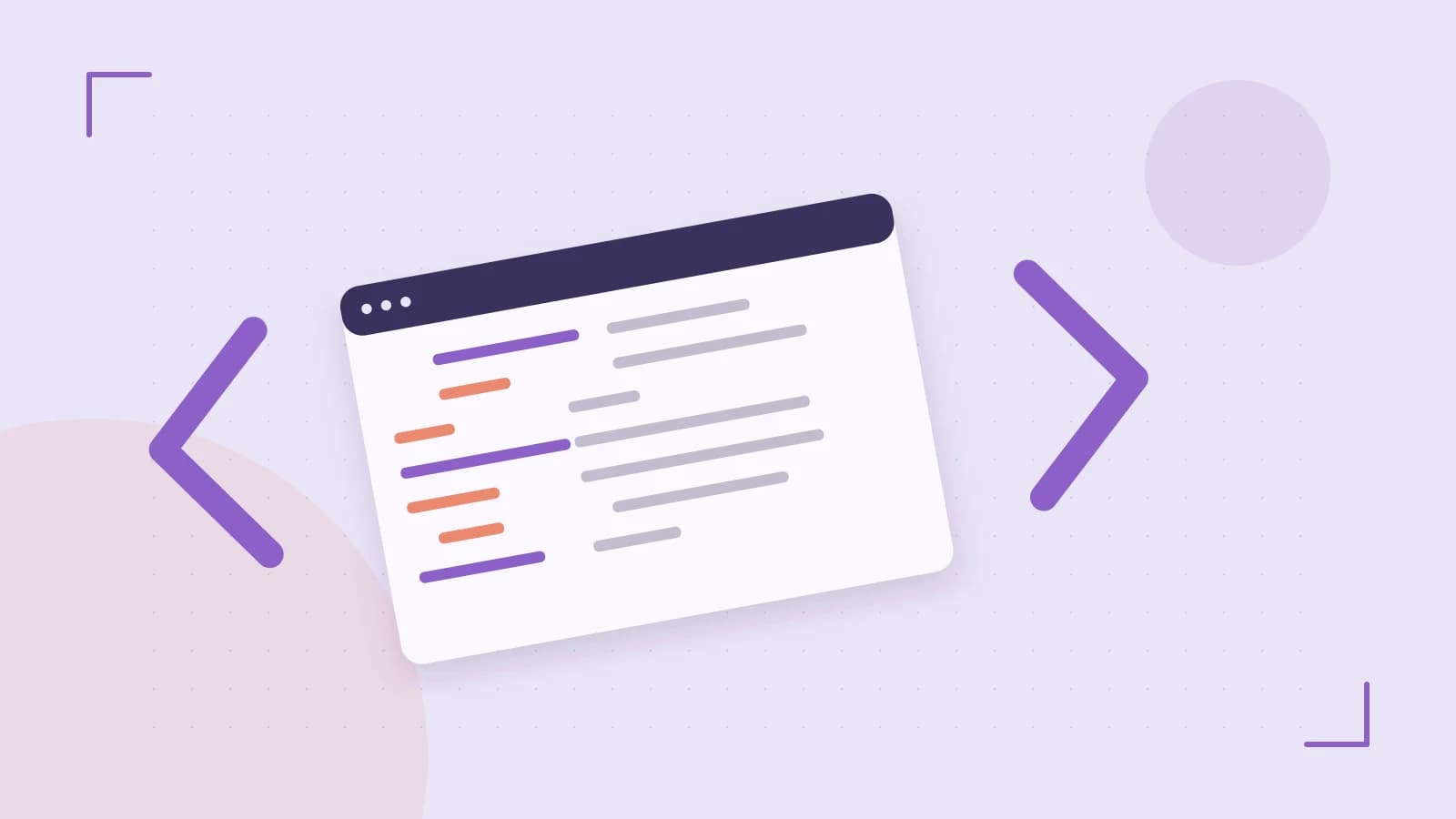 Editorial illustration of an abstract code editor, syntax blocks and oversized programming brackets