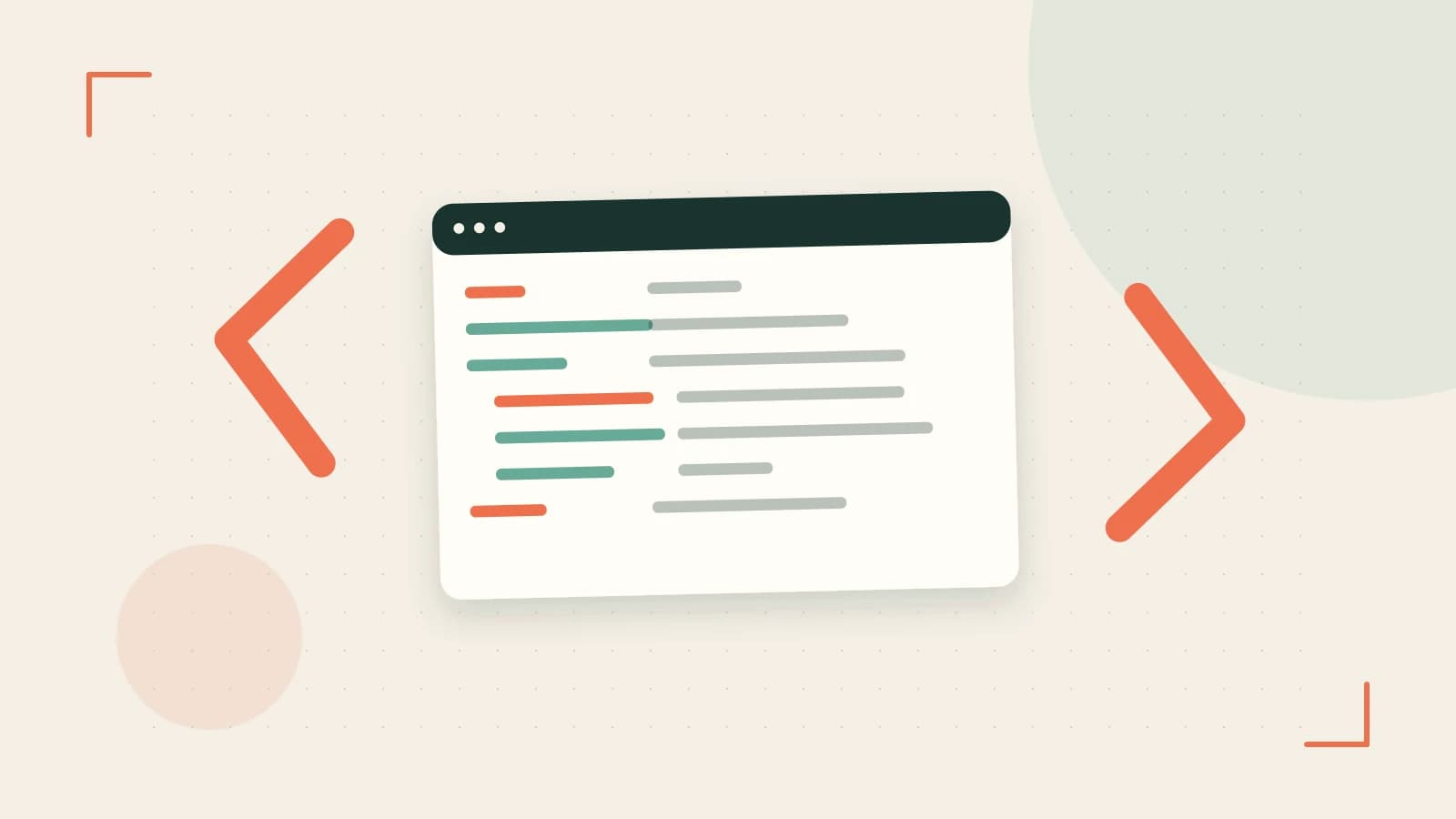 Editorial illustration of an abstract code editor, syntax blocks and oversized programming brackets