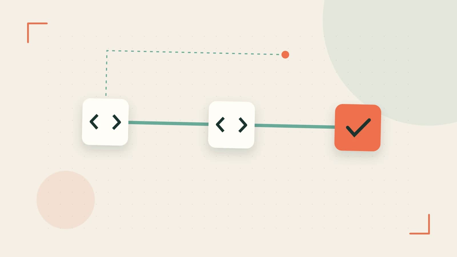 Editorial illustration of a branching build pipeline, staged transformations and a completed check