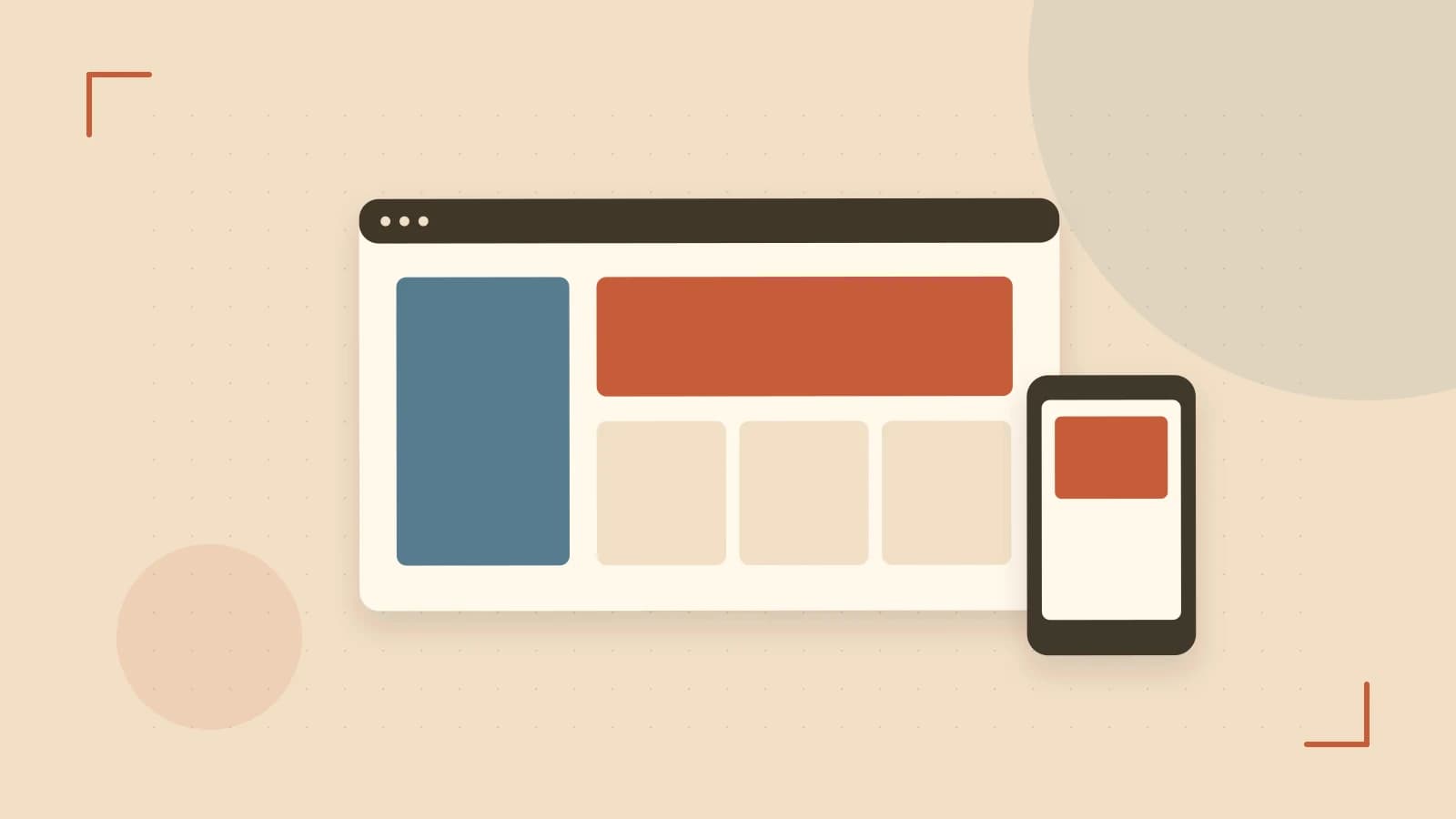 Editorial illustration of responsive browser layouts, overlapping design components and a color system