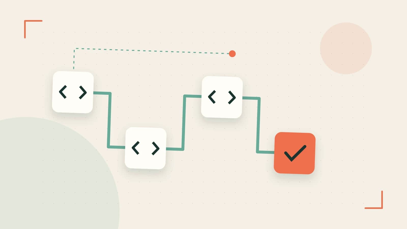 Editorial illustration of a branching build pipeline, staged transformations and a completed check
