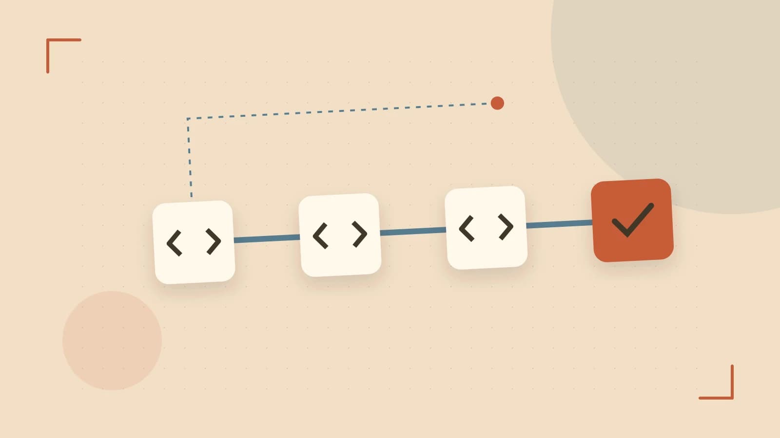 Editorial illustration of a branching build pipeline, staged transformations and a completed check