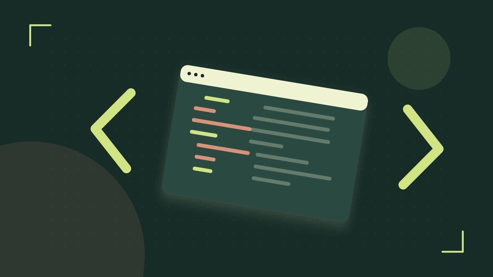 Editorial illustration of an abstract code editor, syntax blocks and oversized programming brackets