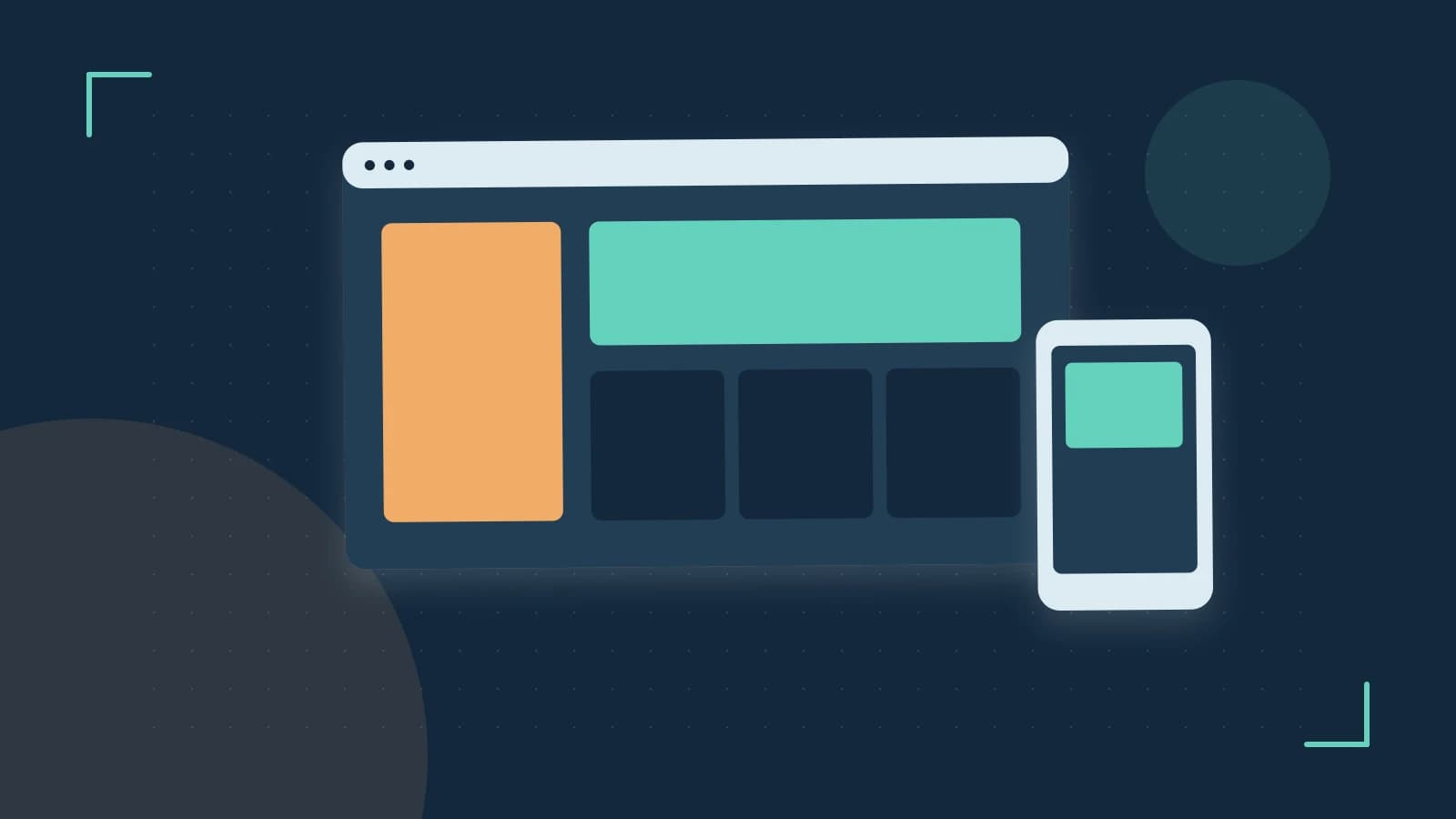 Editorial illustration of responsive browser layouts, overlapping design components and a color system