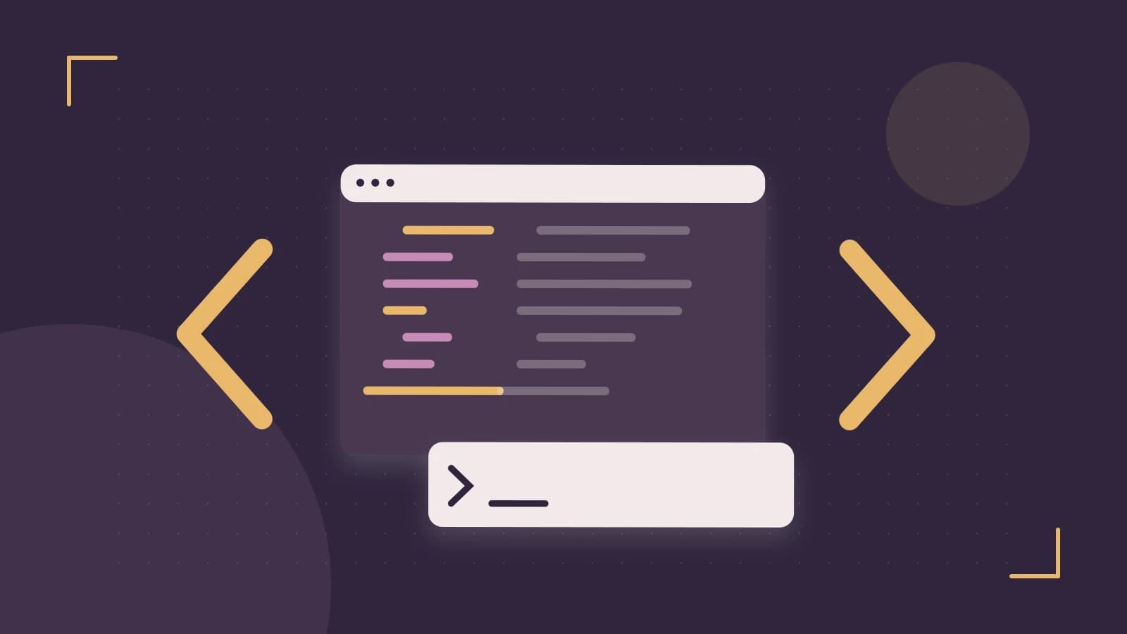 Editorial illustration of an abstract code editor, syntax blocks and oversized programming brackets