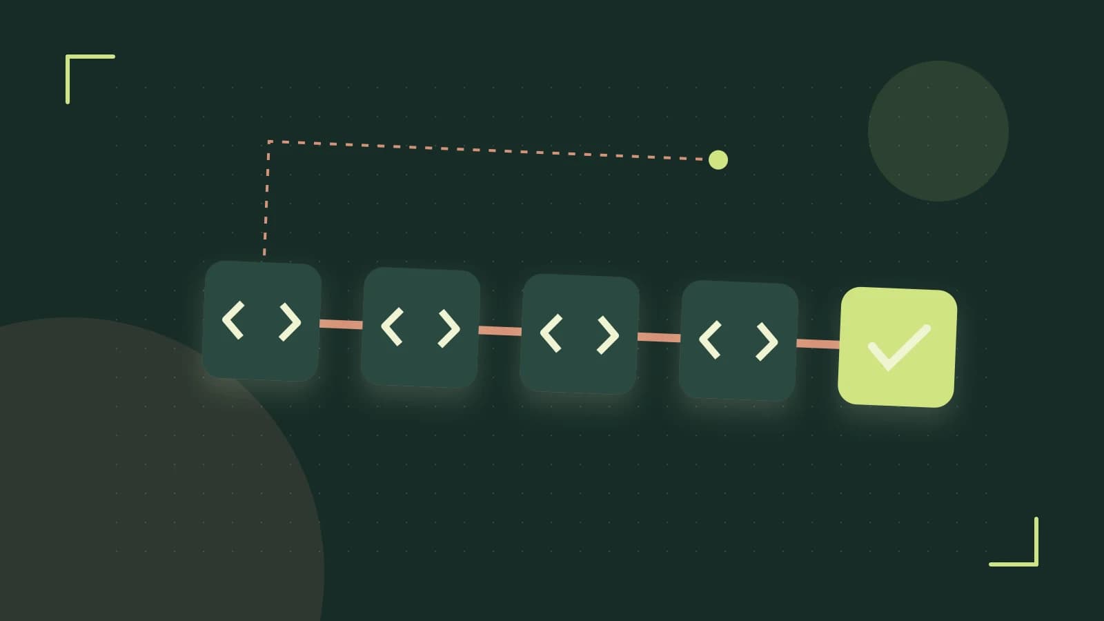 Editorial illustration of a branching build pipeline, staged transformations and a completed check