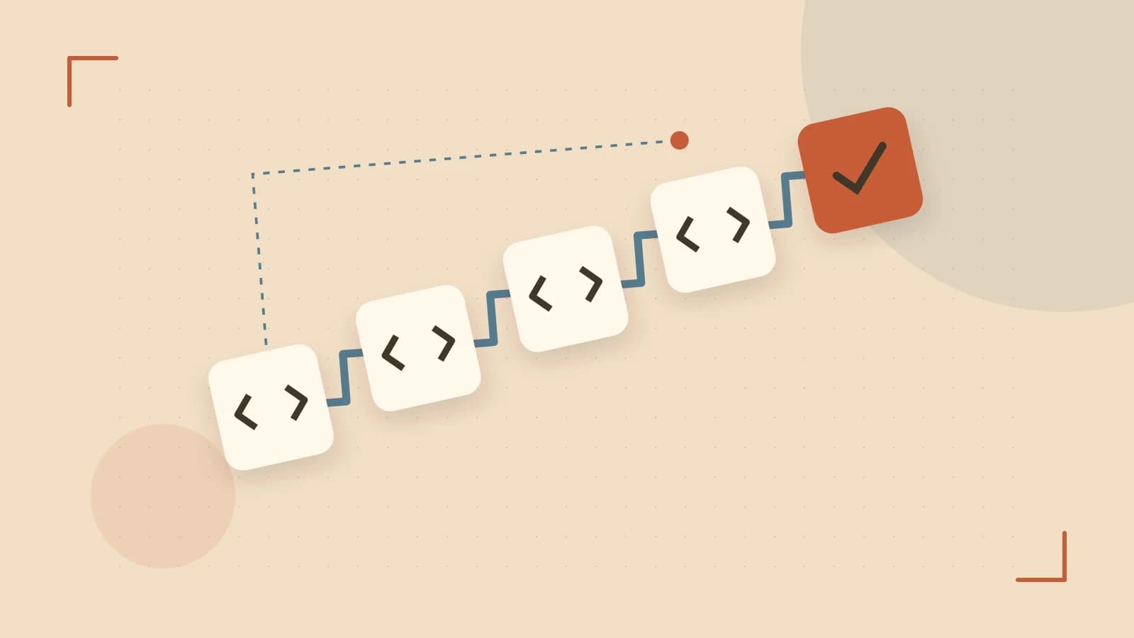 Editorial illustration of a branching build pipeline, staged transformations and a completed check