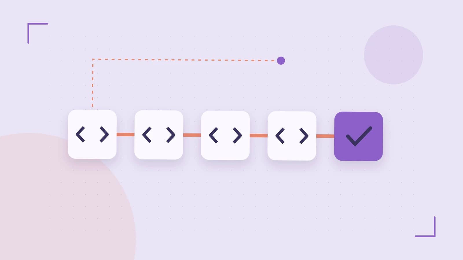 Editorial illustration of a branching build pipeline, staged transformations and a completed check