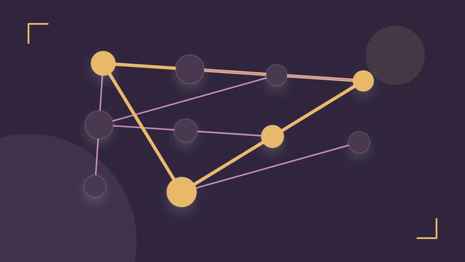 Editorial illustration of an algorithmic node graph with branching paths and a highlighted result