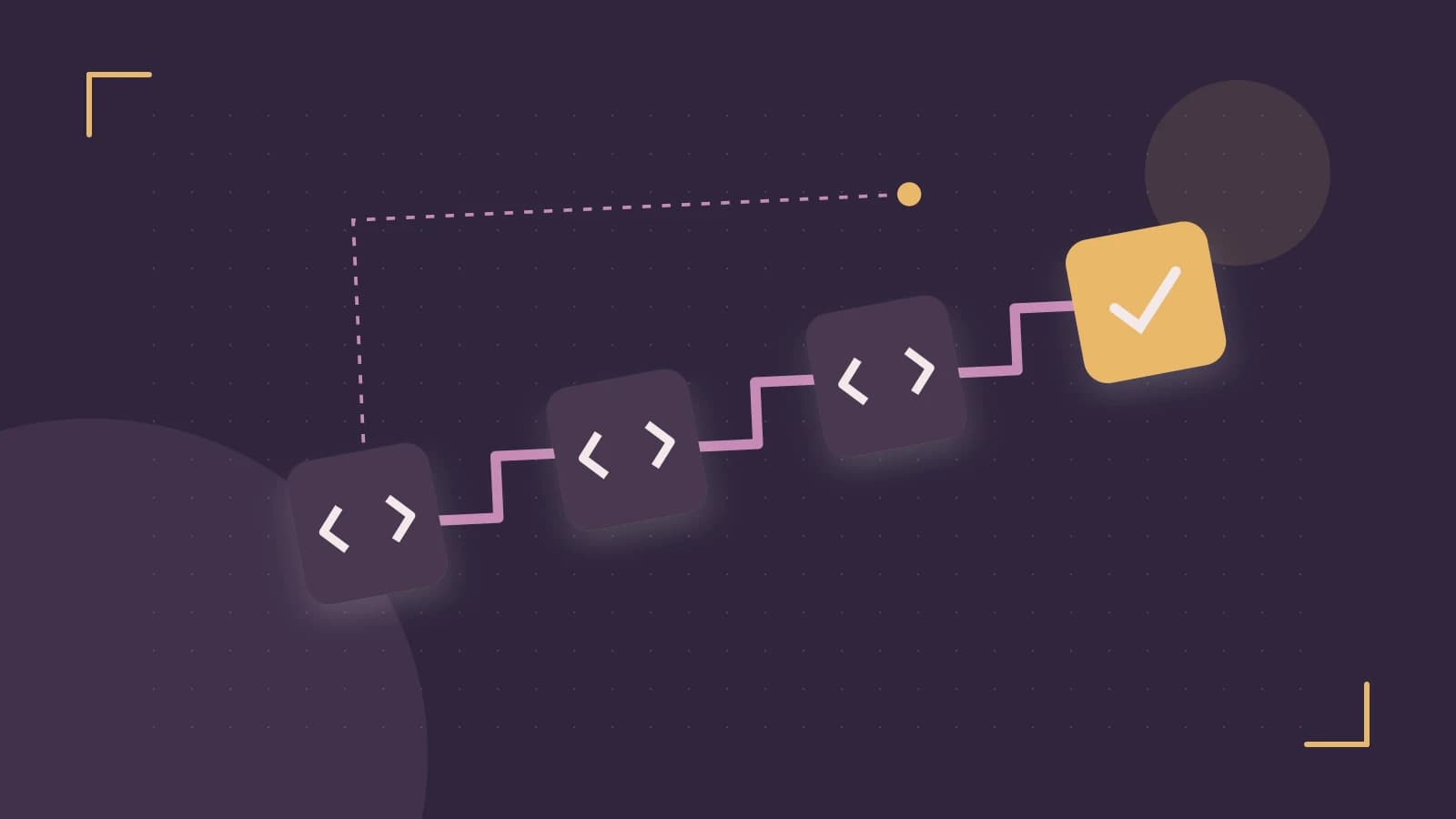 Editorial illustration of a branching build pipeline, staged transformations and a completed check