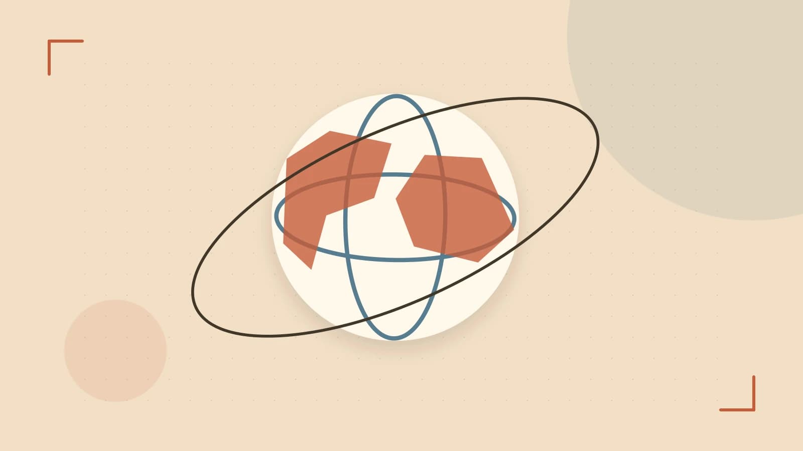 Editorial illustration of an editorial globe with meridians and layered geographic shapes