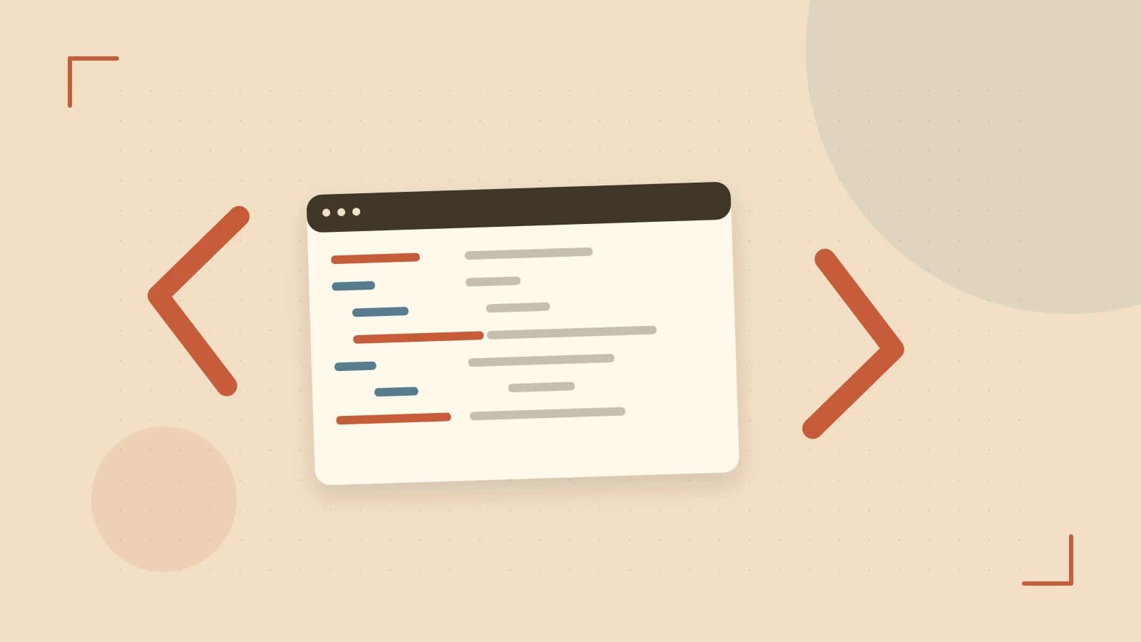 Editorial illustration of an abstract code editor, syntax blocks and oversized programming brackets