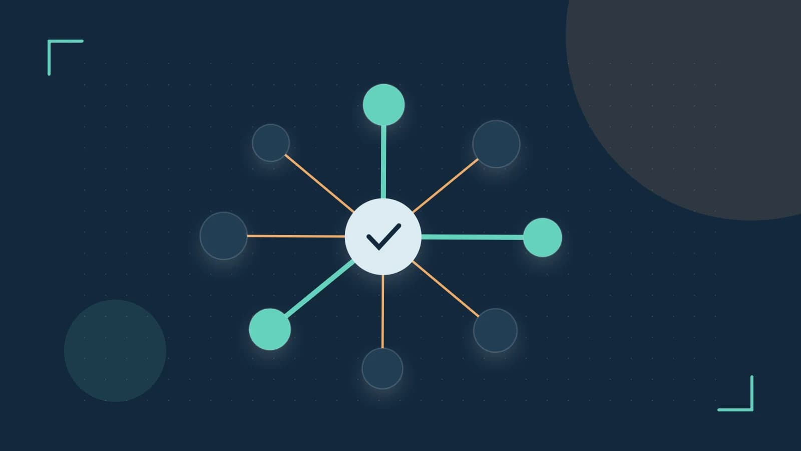 Editorial illustration of an algorithmic node graph with branching paths and a highlighted result