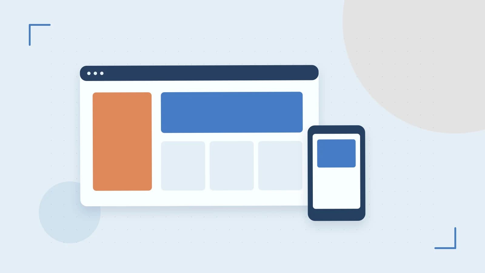 Editorial illustration of responsive browser layouts, overlapping design components and a color system